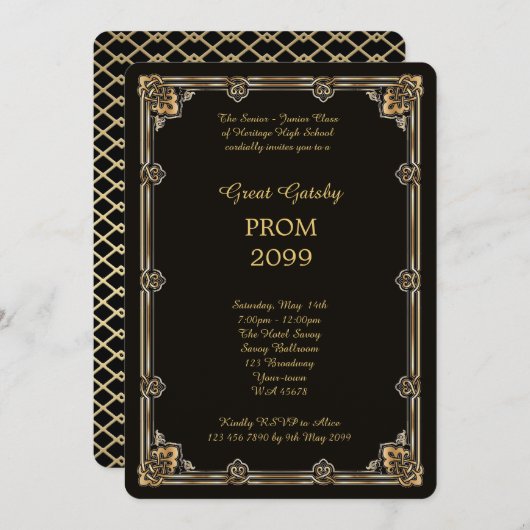 Abschlussball Älter-Junior, großes Gatsby, Gold, Einladung (Vorne/Hinten)