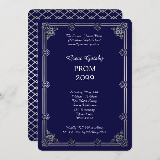 Abschlussball Älter-Junior, großes Gatsby, Silber, Einladung (Vorne/Hinten)