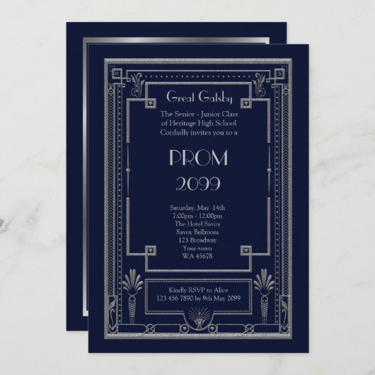 Abschlussball Älter-Junior, großes Gatsby, Silber, Einladung (Vorne/Hinten)