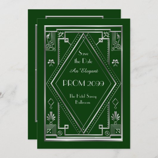 Abschlussball Älter-Junior, grün, silbern, Einladung (Vorne/Hinten)