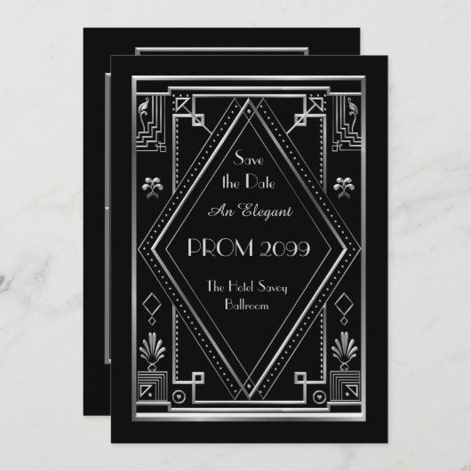 Abschlussball Älter-Junior, schwarz, silbern, Einladung (Vorne/Hinten)