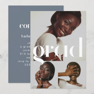 Abschlussfeier Blau Grau Drei Foto-Collage  Einladung