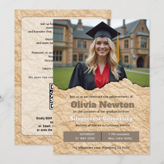 🎓Abschlussfeier-Einladung mit QR-Code Vintage-Fot Einladung (Vorne/Hinten)