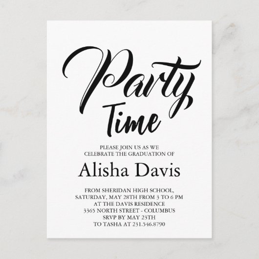 Abschlussfeier-Einladung Party Time Postkarte (Vorderseite)