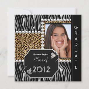 Abschlussfeier Grad Schwarz Weiß Leopard Zebra Einladung