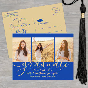 Abschlussfeier Modern Royal Blau & Gold 3 Foto Einladungspostkarte