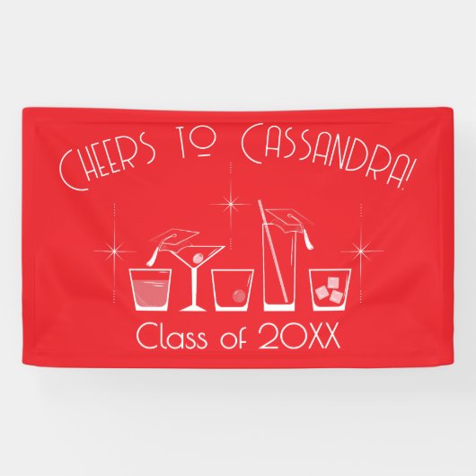 Abschlussfeier Mütze und Cocktail Rot Banner (Horizontal)