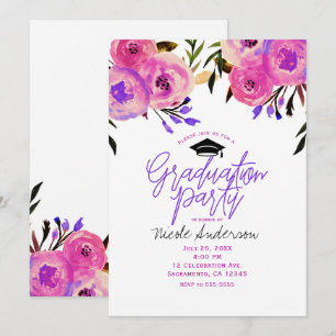Abschlussfeier Rosa Lila Helle Moderne Floral Einladung