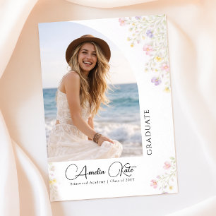 Abschlussfoto Wildblume Rosa Schleife Ankündigung Postkarte