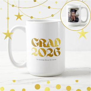 Abschlussjahrgang 2026 Foto Schwarz- und Gold-Typo Kaffeetasse