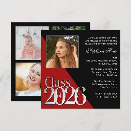 Abschlussklasse 2026 Silber Grad Rot mit Foto Einladung (Vorne/Hinten)