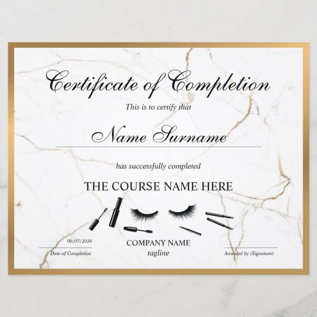 Abschlusszertifikat Lashes Kurs (Vorderseite)