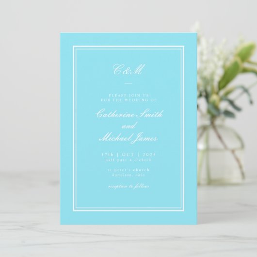 Absolute Klassik Bright Aqua Monogram Wedding Einladung (Stehend Vorderseite)