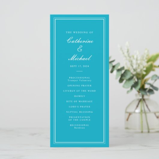 Absolute klassische Script Bright Aqua Wedding Programm (Stehend Vorderseite)