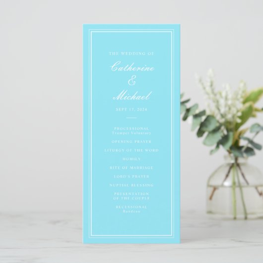 Absolute klassische Script Bright Aqua Wedding Programm (Stehend Vorderseite)