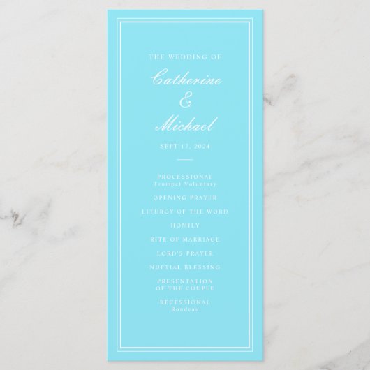 Absolute klassische Script Bright Aqua Wedding Programm (Vorderseite)