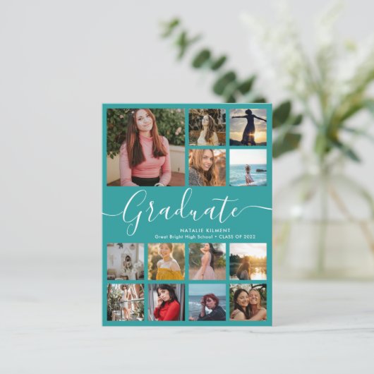 Absolvent 13 FotoCollage Aquamarin & White Abschlu Ankündigungspostkarte (Stehend Vorderseite)