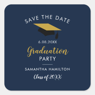 Absolvent 2025 Skript Save the Date Grad Navy Blue Quadratischer Aufkleber