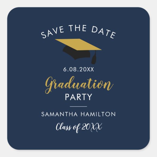Absolvent 2025 Skript Save the Date Grad Navy Blue Quadratischer Aufkleber (Vorderseite)