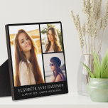 Absolvent 3 FotoCollage Schwarz Fotoplatte<br><div class="desc">Eleganter Abschluss halten schwarze Foto-Plakette,  um den Absolvent mit einer drei Bild-Collage und seinen Namen,  Klassenjahr und Schule in der modernen weißen Typografie zu feiern.</div>