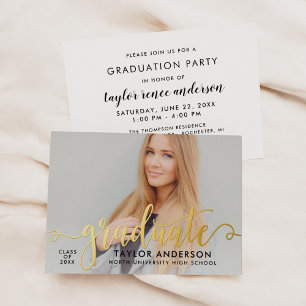 Absolvent Gold Moderne Schrift Graduationsfoto Folieneinladung