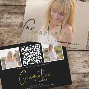 Absolvent Gold Schwarz Kalligrafie Foto QR-Code Einladung