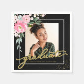 Absolvent Hot Pink Blütengrad Party Foto Schwarz Serviette (Vorderseite)