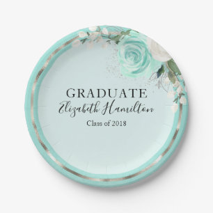 Absolvent Teal & Folie Silber Moderne Chic Floral Pappteller