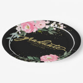 Absolventen-Hot-Pink-Blumen-Abschlussfeier Schwarz Pappteller (Schrägansicht)