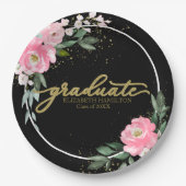 Absolventen-Hot-Pink-Blumen-Abschlussfeier Schwarz Pappteller (Vorderseite)