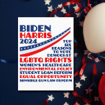 Abstimmung für die Wahlplattform Biden Harris 2024 Postkarte<br><div class="desc">Stimmen Sie für Joe Biden und Kamala Harris für Präsident und VP bei den Präsidentschaftswahlen 2024, um die demokratische Party-Plattform zu unterstützen. Diese politische Postkarte zeigt eine Liste von sechs Gründen: LGBTQ-Rechte, Gesundheitsfürsorge für Frauen, Umweltpolitik, Reform von Studentendarlehen, Chancengleichheit für Minderheiten und Frauen, vernünftige Waffengesetze und andere demokratische Werte. Zeige...</div>