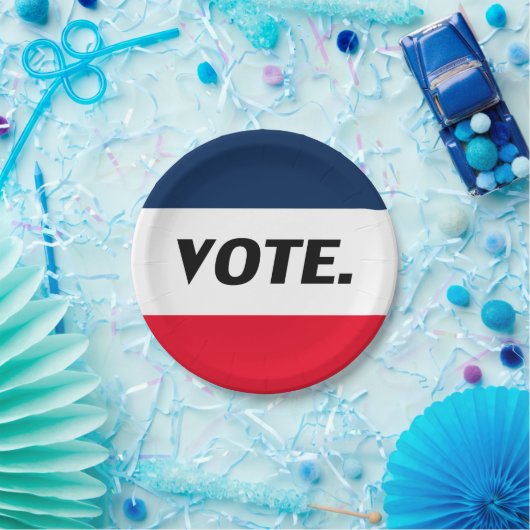 "Abstimmung", schwarze Buchstaben, rot-blaues Part Pappteller (Party)