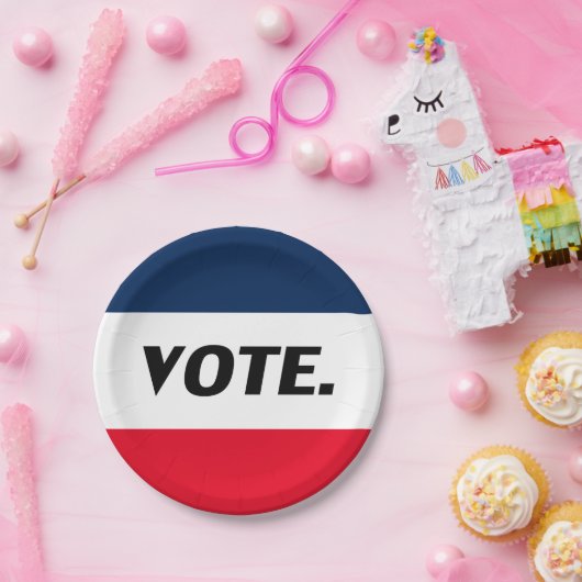 "Abstimmung", schwarze Buchstaben, rot-blaues Part Pappteller (Party)