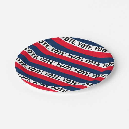 "Abstimmung", schwarze Buchstaben, rot-blaues Part Pappteller (Schrägansicht)