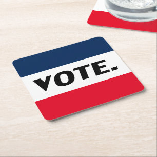 "Abstimmung", schwarze Buchstaben, rot-blaues Part Rechteckiger Pappuntersetzer