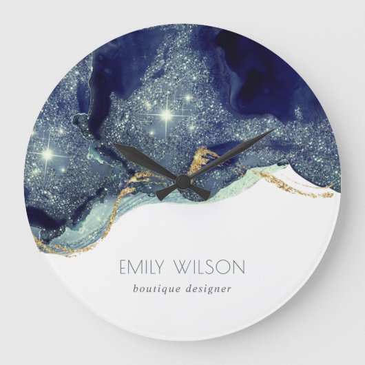 Abstract Alcohol Ink Silver Navy Blue Glitter Große Wanduhr (Vorderseite)