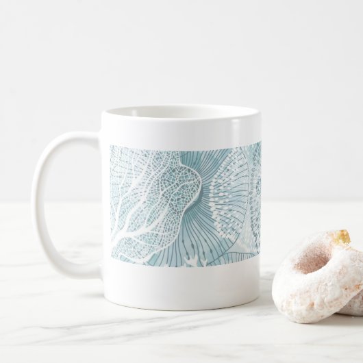 Abstract Aqua Sea Life Line Art Mug Kaffeetasse (Mit Donut)