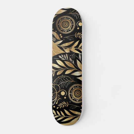Abstract Art Gold Foliage Black Minimal Boho Funky Skateboard (Vorderseite)