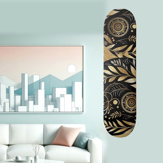 Abstract Art Gold Foliage Black Minimal Boho Funky Skateboard