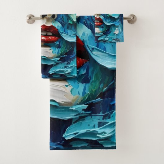 Abstract art painting female face ocean waves badhandtuch set (Insitu)