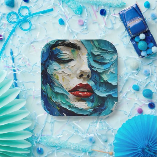 Abstract art painting female face ocean waves pappteller (Party)