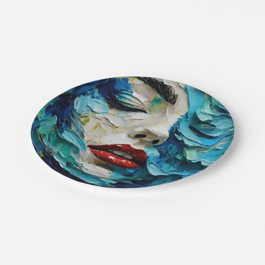 Abstract art painting female face ocean waves pappteller (Schrägansicht)