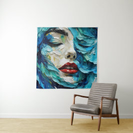 Abstract art painting female face ocean waves wandteppich