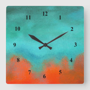 Abstract Art Sky Fire Lava Coral Turquoise Orange Quadratische Wanduhr