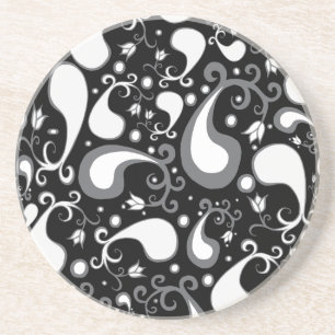 Abstract black and white Tulip Paisley Floral Sandstein Untersetzer