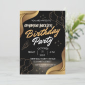 Abstract Black Gold Swirl Birthday Invitation Einladung (Stehend Vorderseite)