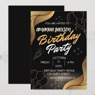 Abstract Black Gold Swirl Birthday Invitation Einladung