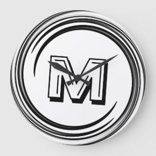 Abstract Black Swirl Monogram Große Wanduhr