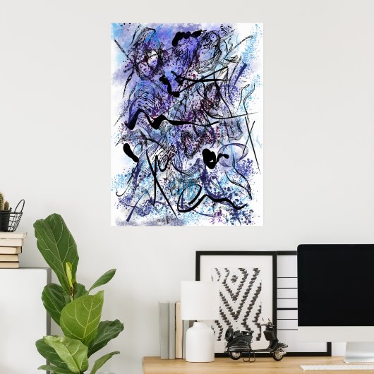 Abstract Blue Black Brushstrokes Splashes Wall Art Poster (Heimbüro)