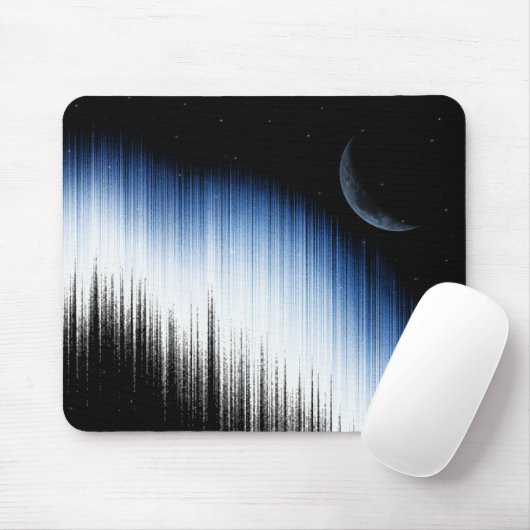Abstract Blue Glitch Art Crescent Moon Night Sky Mousepad (Mit Mouse)